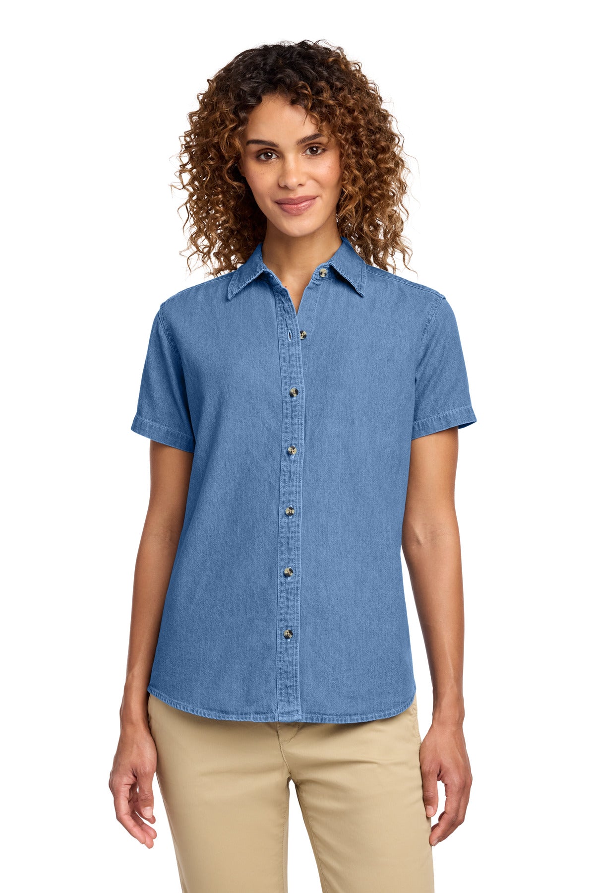Port & Co Women's Short Sleeve Value Denim Shirt.  LSP11 in Faded Blue