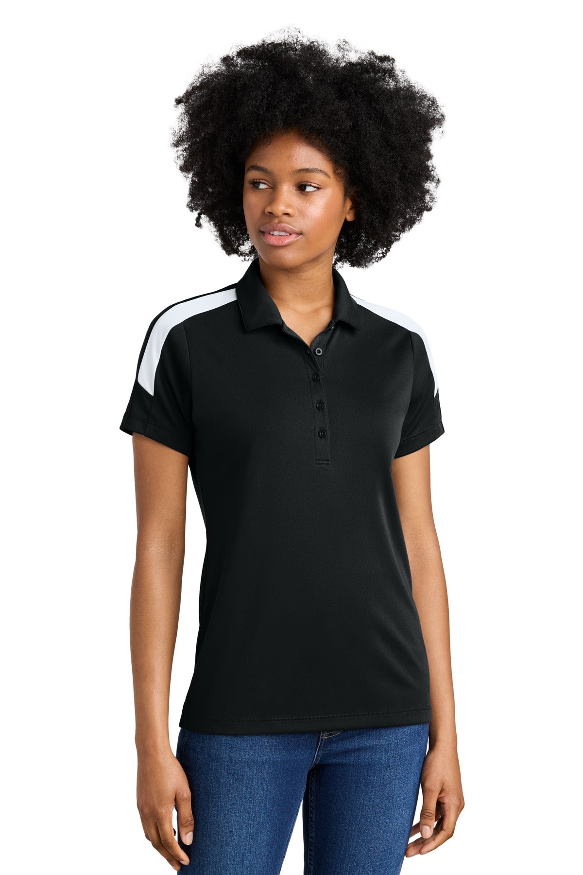Sport-Tek Women's Competitor United Polo LST104 in Black/ White