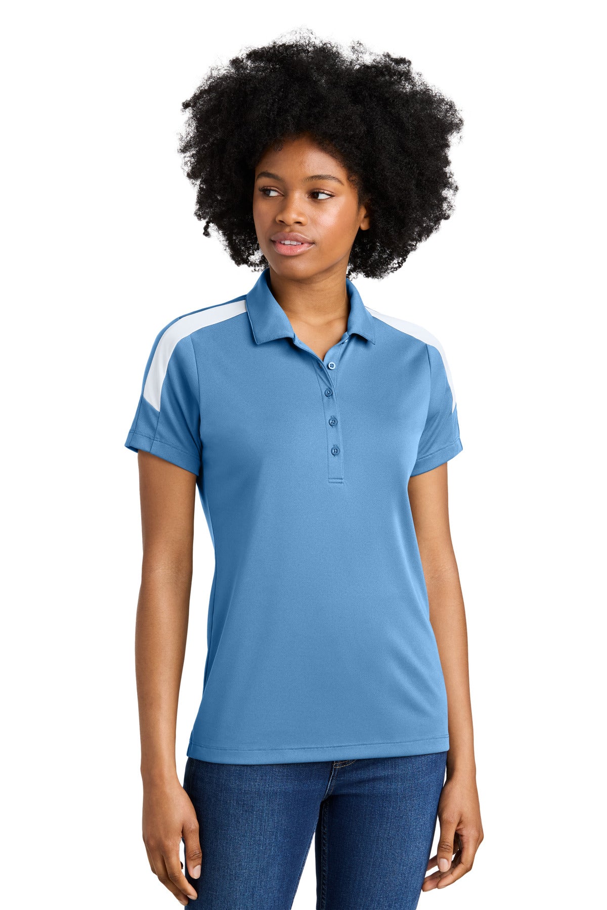 Sport-Tek Women's Competitor United Polo LST104 in Carolina Blue/ White