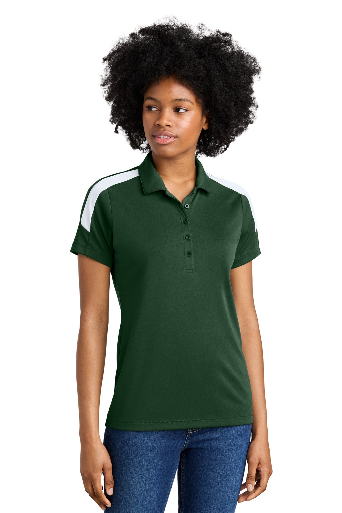 Sport-Tek Women's Competitor United Polo LST104 in Forest Green/ White