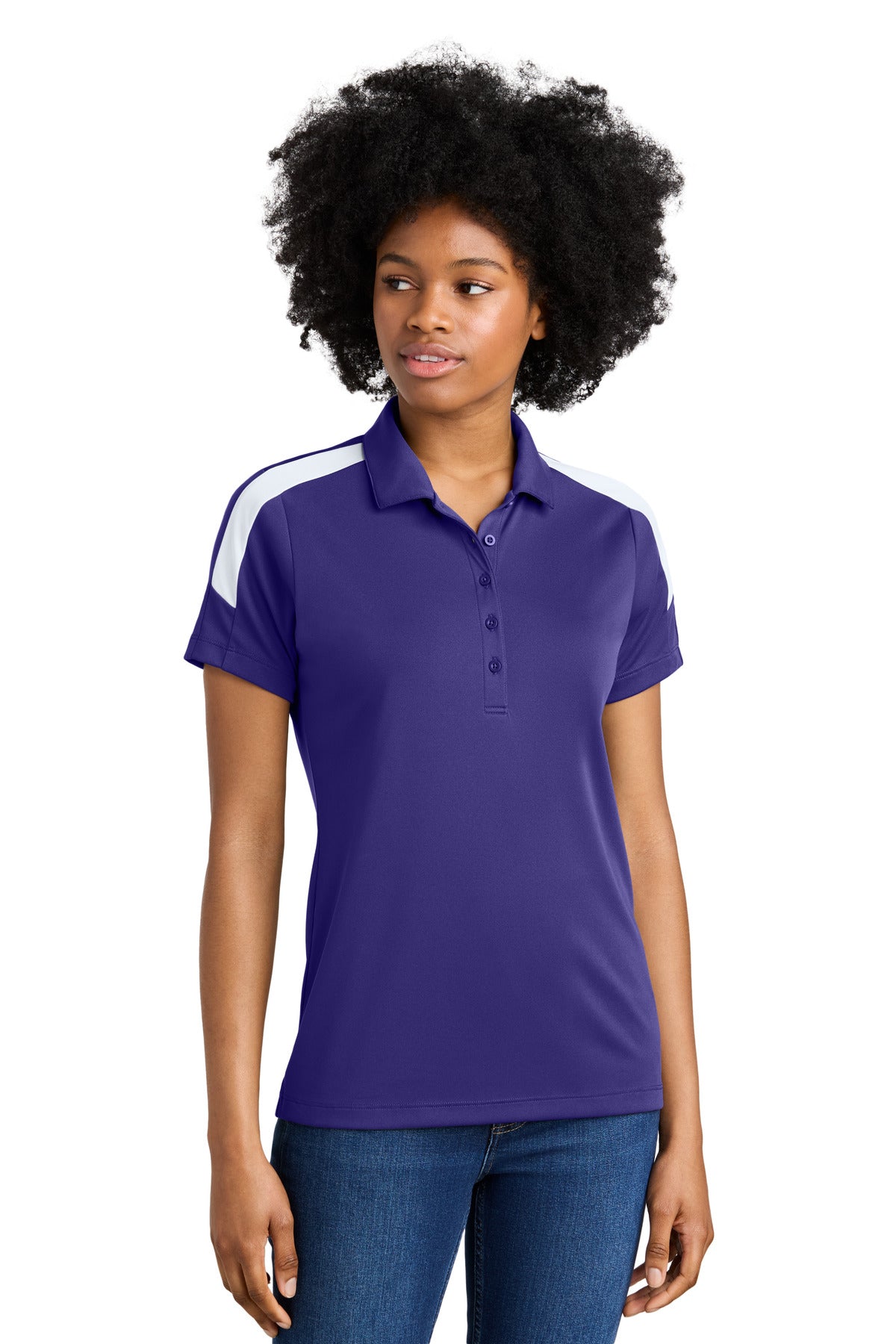 Sport-Tek Women's Competitor United Polo LST104 in Purple/ White