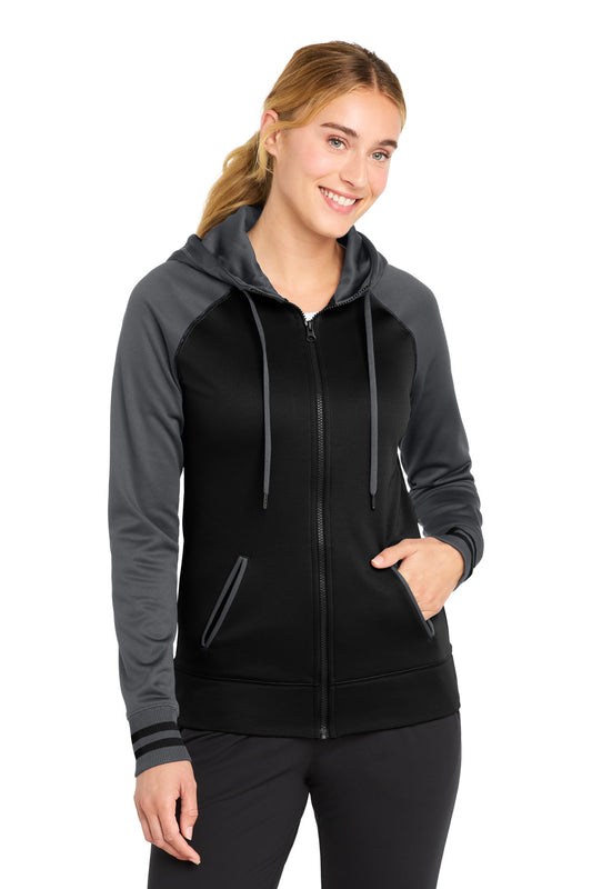 Sport-Tek Women's Sport-Wick Varsity Fleece Full-Zip Hooded Jacket. LST236 in Black/ Dark Smoke Grey