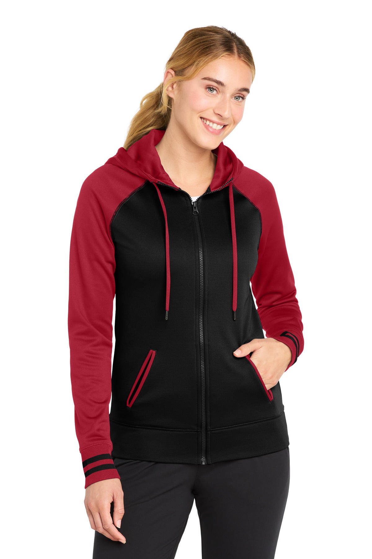 Sport-Tek Women's Sport-Wick Varsity Fleece Full-Zip Hooded Jacket. LST236 in Black/ Deep Red