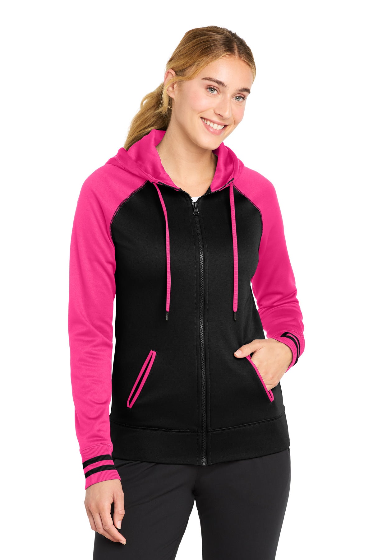 Sport-Tek Women's Sport-Wick Varsity Fleece Full-Zip Hooded Jacket. LST236 in Black/ Neon Pink