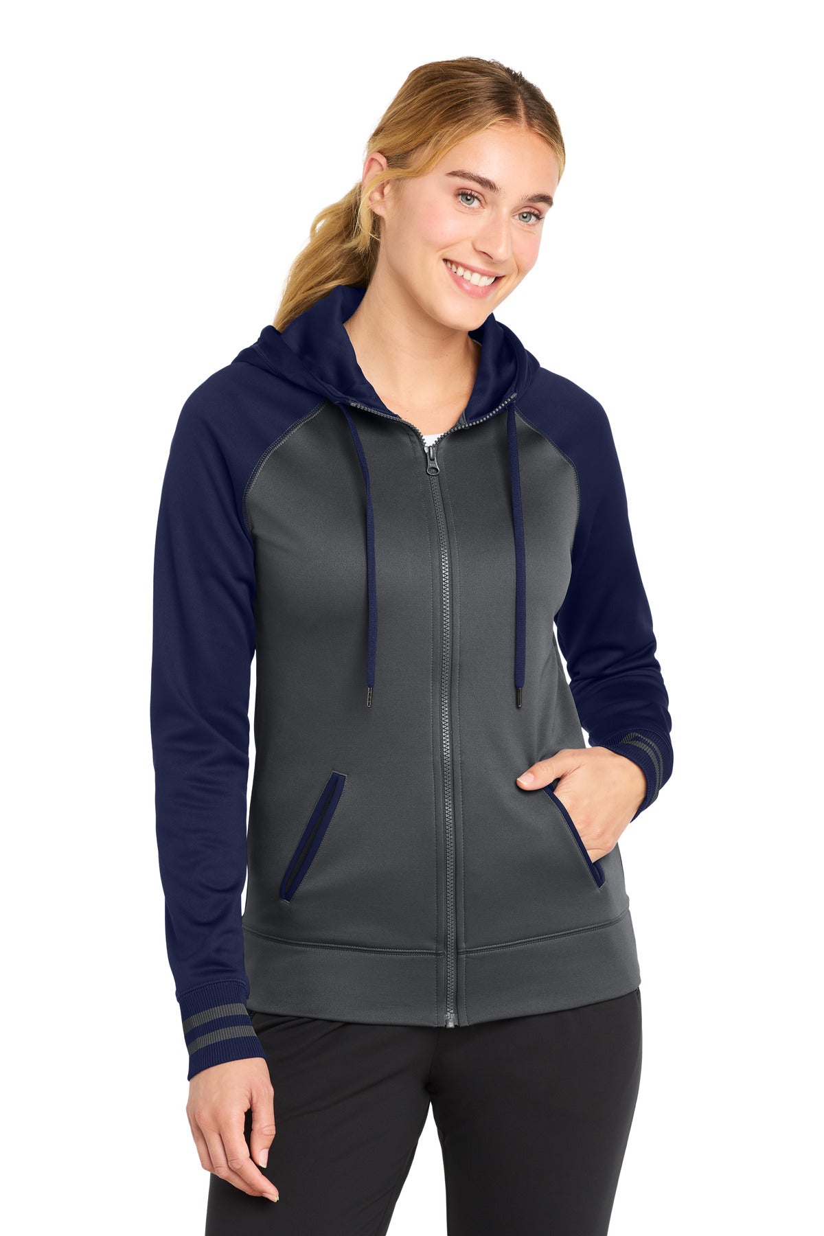 Sport-Tek Women's Sport-Wick Varsity Fleece Full-Zip Hooded Jacket. LST236 in Dark Smoke Grey/ Navy