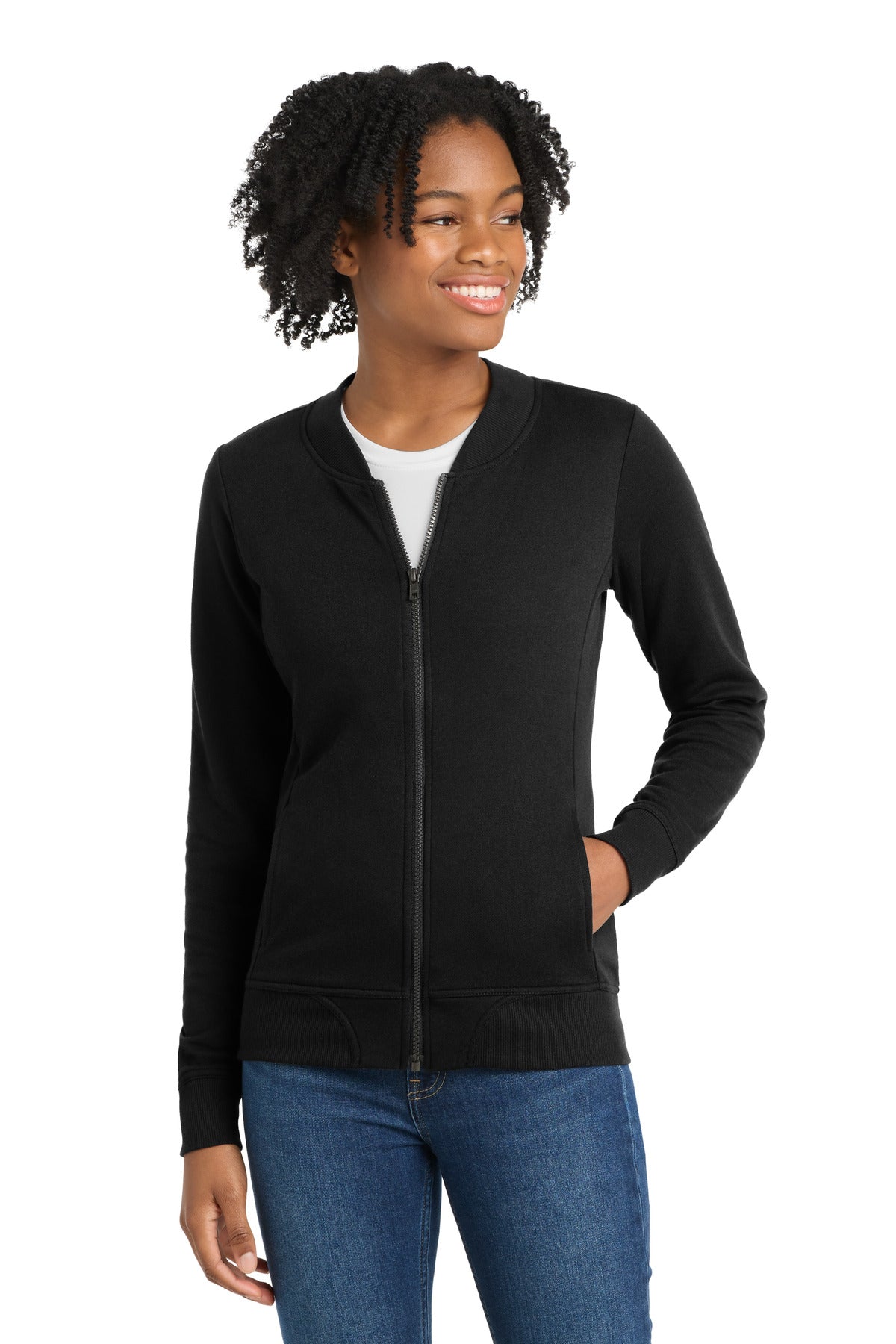 Sport-Tek  Women's Lightweight French Terry Bomber LST274 in Black