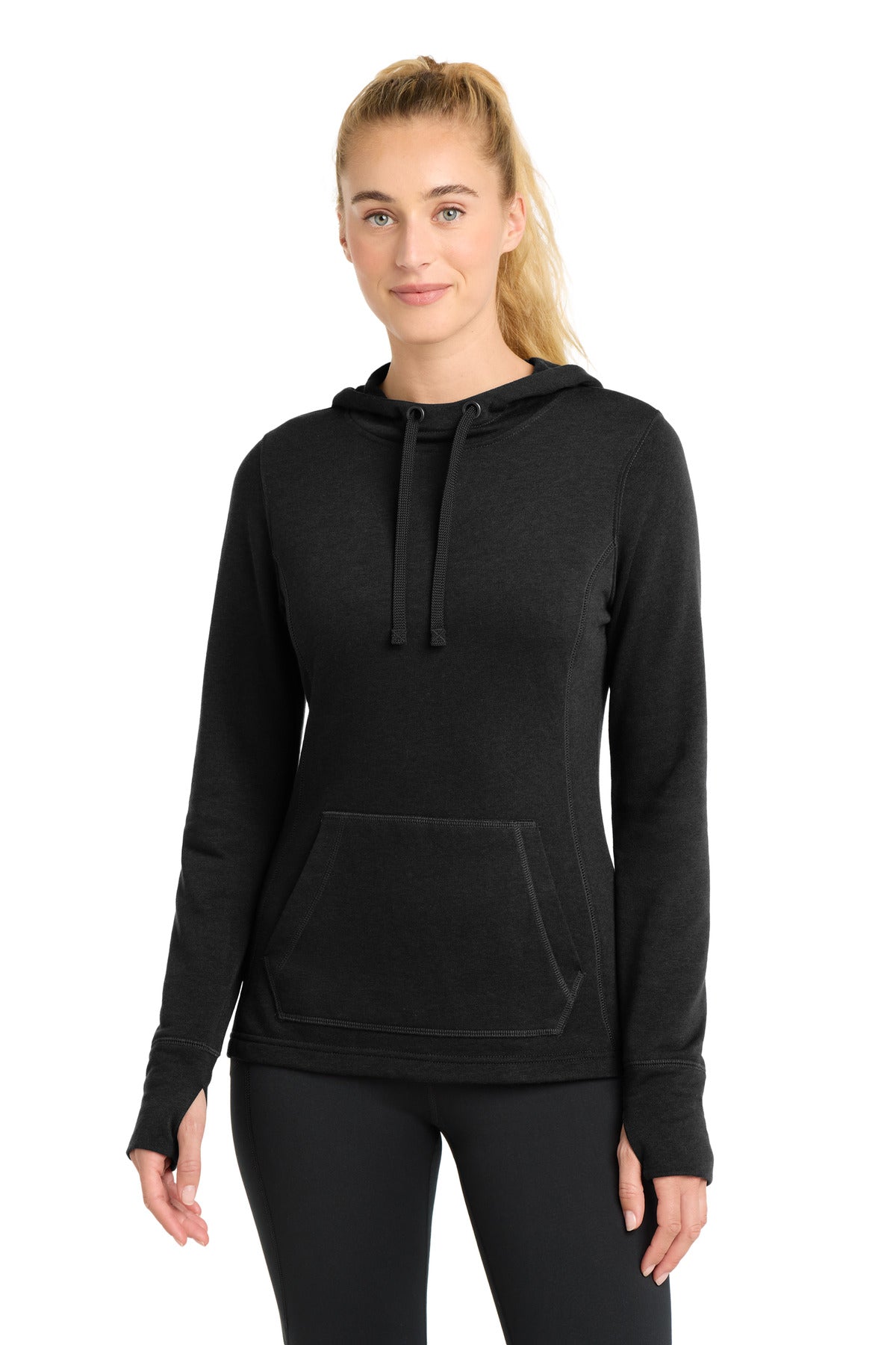 Sport-Tek  Women's PosiCharge  Tri-Blend Wicking Fleece Hooded Pullover. LST296 in Black Triad Solid