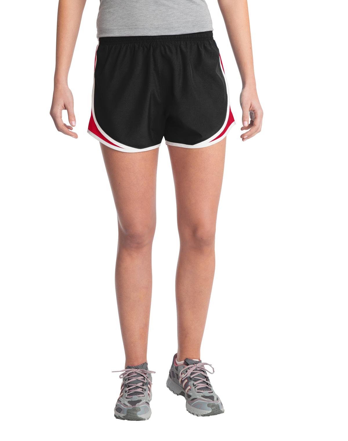 Sport-Tek Women's Cadence Short. LST304 in Black/ True Red/ White