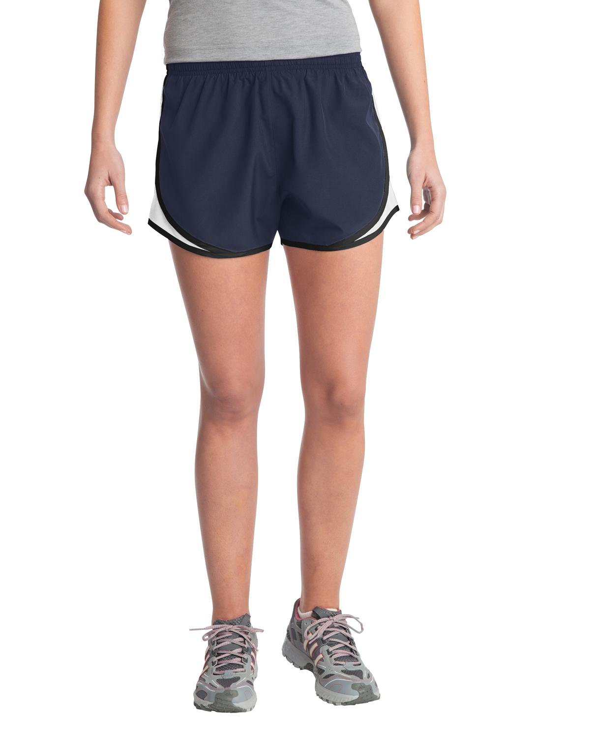 Sport-Tek Women's Cadence Short. LST304 in True Navy/ White/ Black