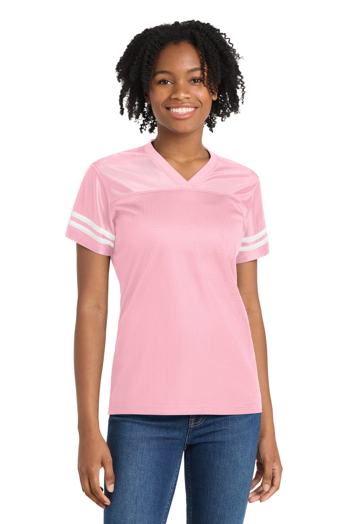 Sport-Tek Women's PosiCharge Replica Jersey. LST307 in Light Pink/ White