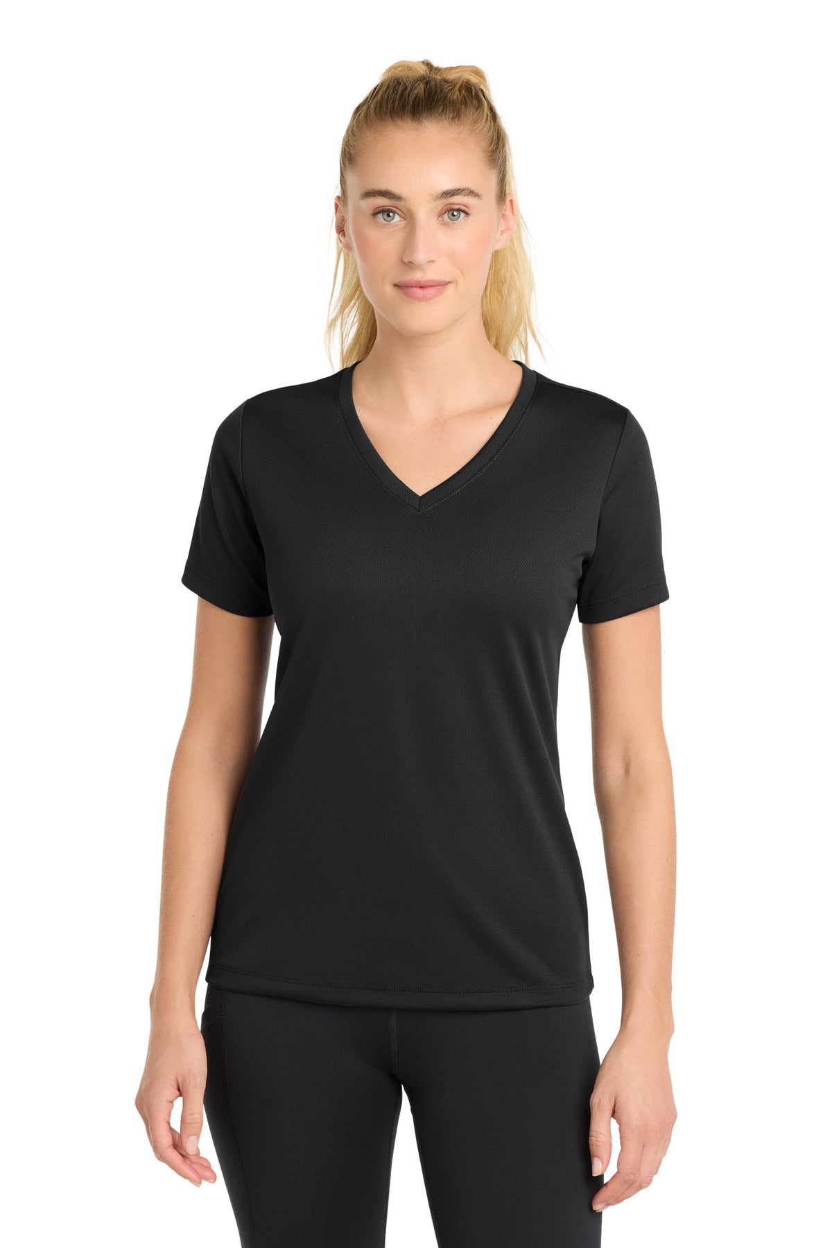 Sport-Tek Women's PosiCharge RacerMesh V-Neck Tee. LST340 in Black