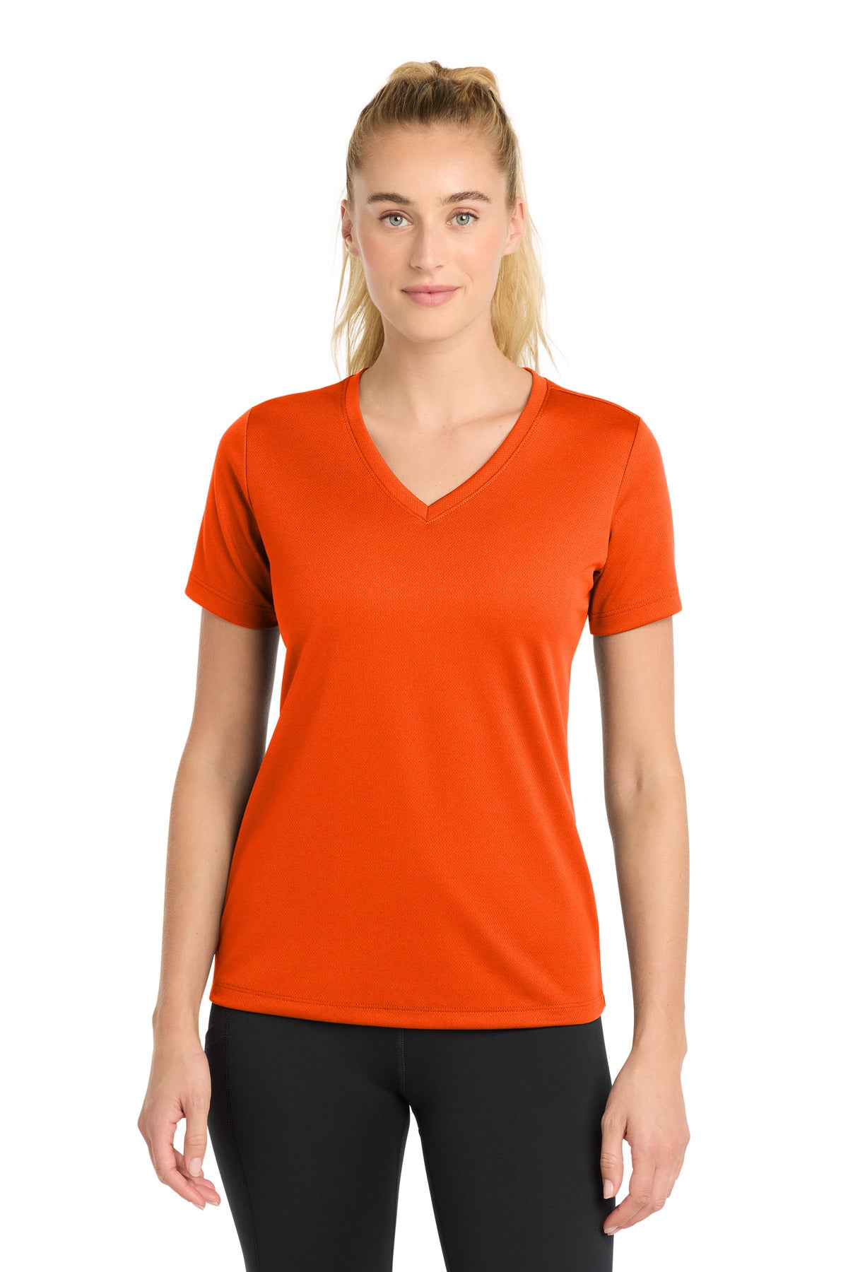 Sport-Tek Women's PosiCharge RacerMesh V-Neck Tee. LST340 in Neon Orange