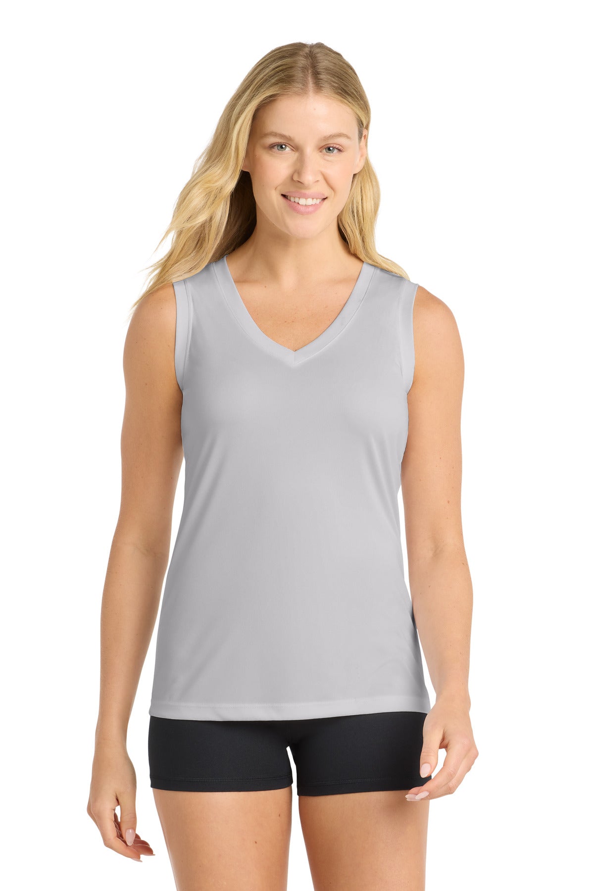 Sport-Tek Women's Sleeveless PosiCharge Competitor V-Neck Tee. LST352 in Silver
