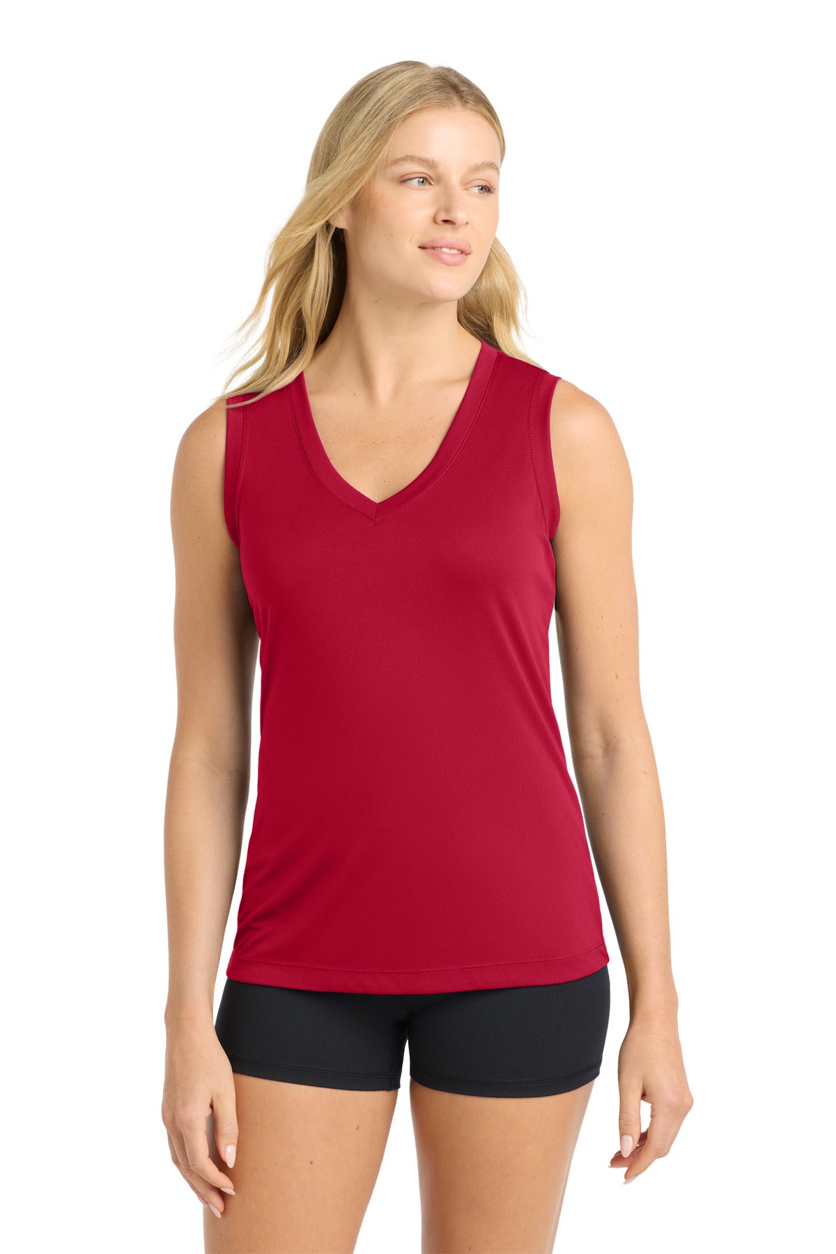 Sport-Tek Women's Sleeveless PosiCharge Competitor V-Neck Tee. LST352 in True Red