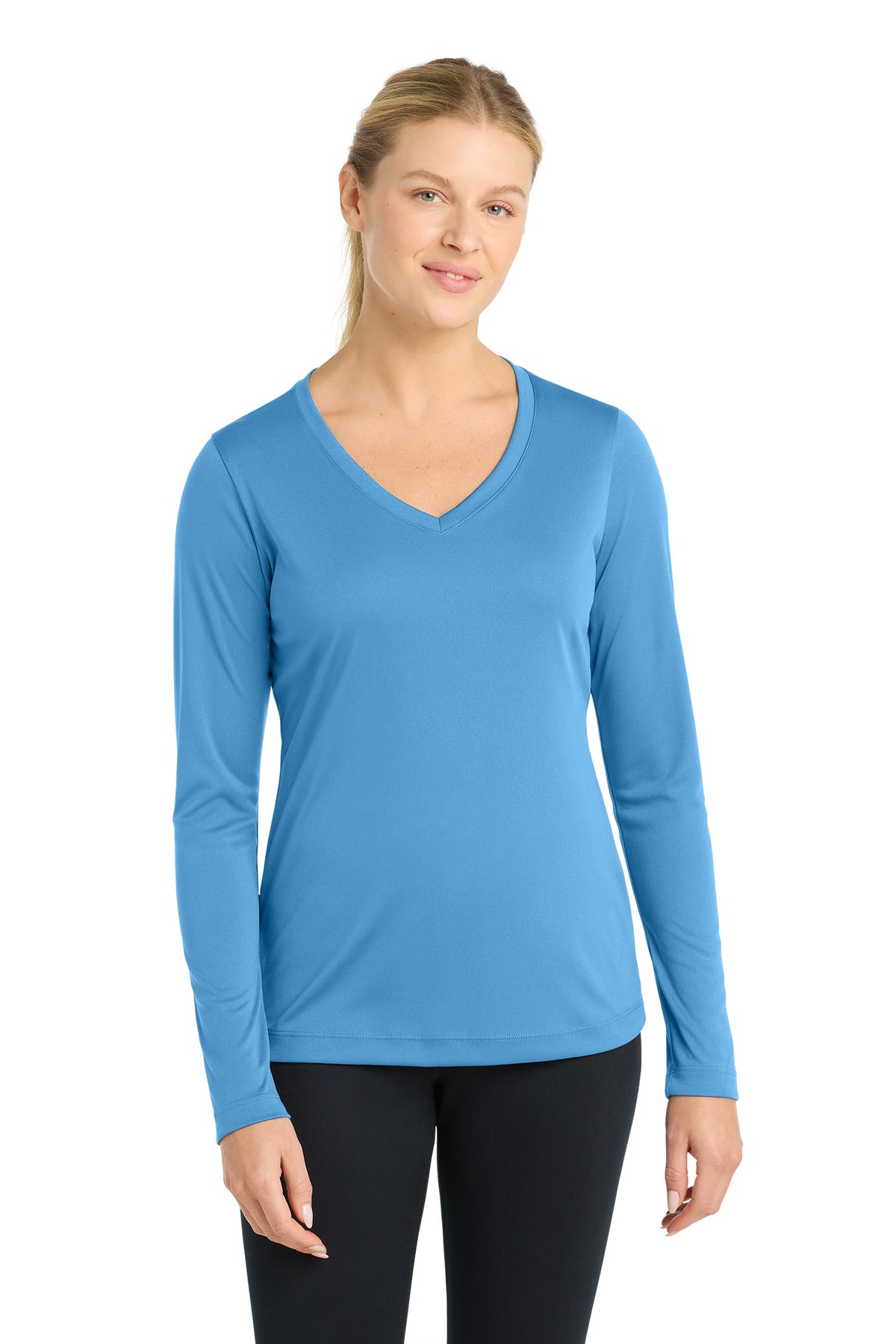 Sport-Tek Women's Long Sleeve PosiCharge Competitor V-Neck Tee. LST353LS in Carolina Blue