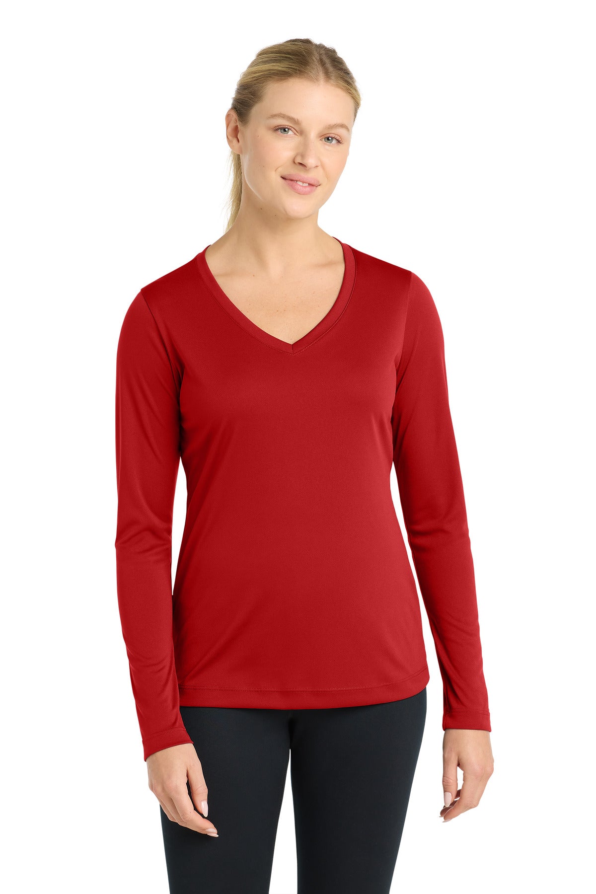 Sport-Tek Women's Long Sleeve PosiCharge Competitor V-Neck Tee. LST353LS in Deep Red