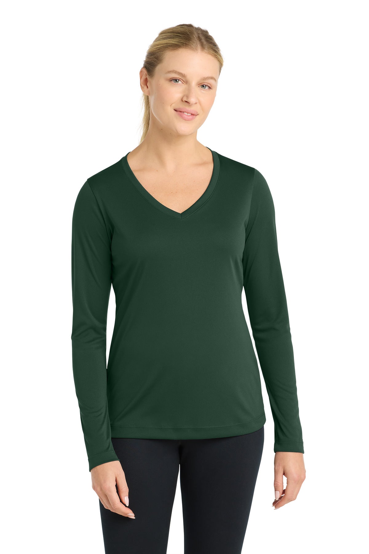 Sport-Tek Women's Long Sleeve PosiCharge Competitor V-Neck Tee. LST353LS in Forest Green
