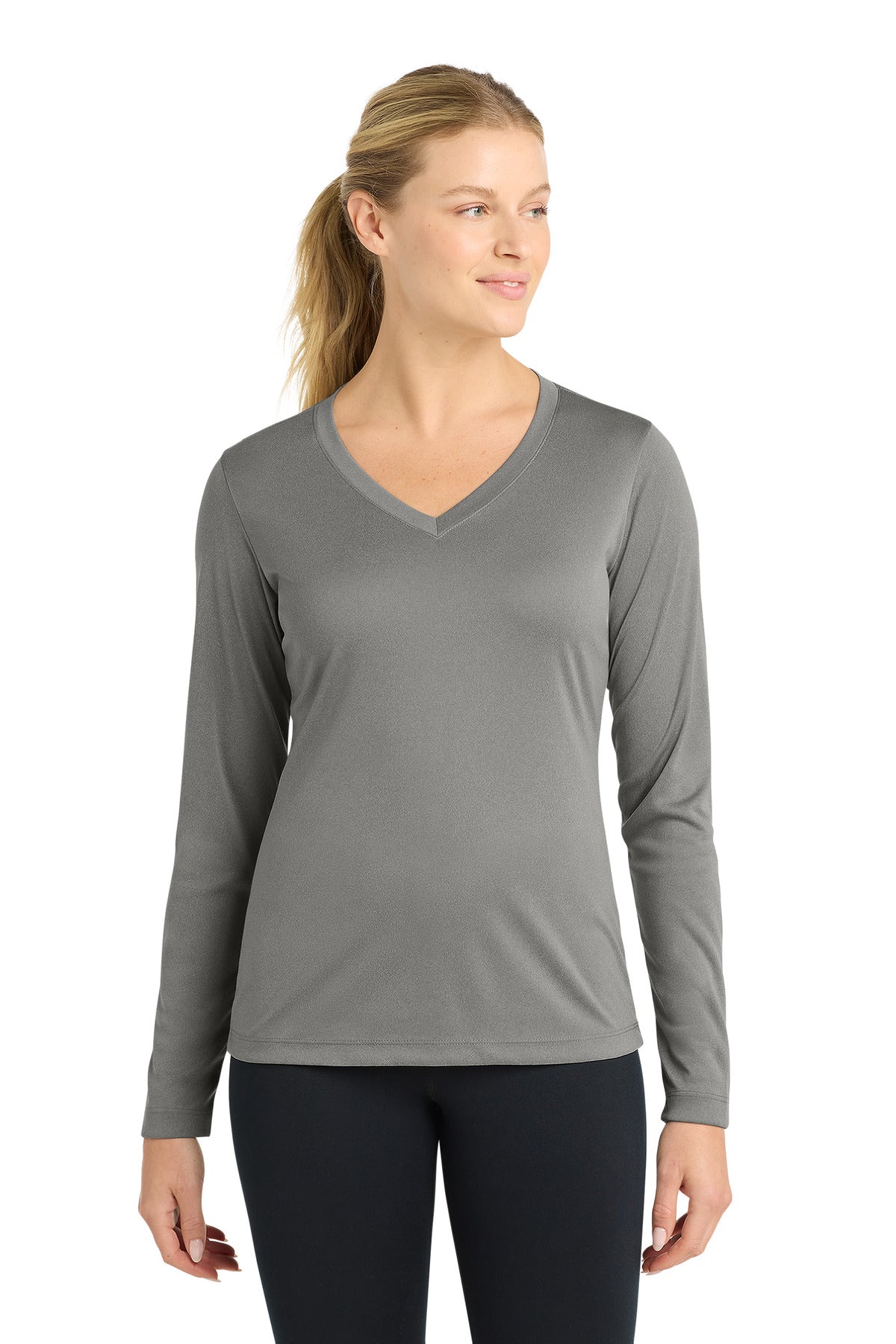 Sport-Tek Women's Long Sleeve PosiCharge Competitor V-Neck Tee. LST353LS in Grey Concrete Heather
