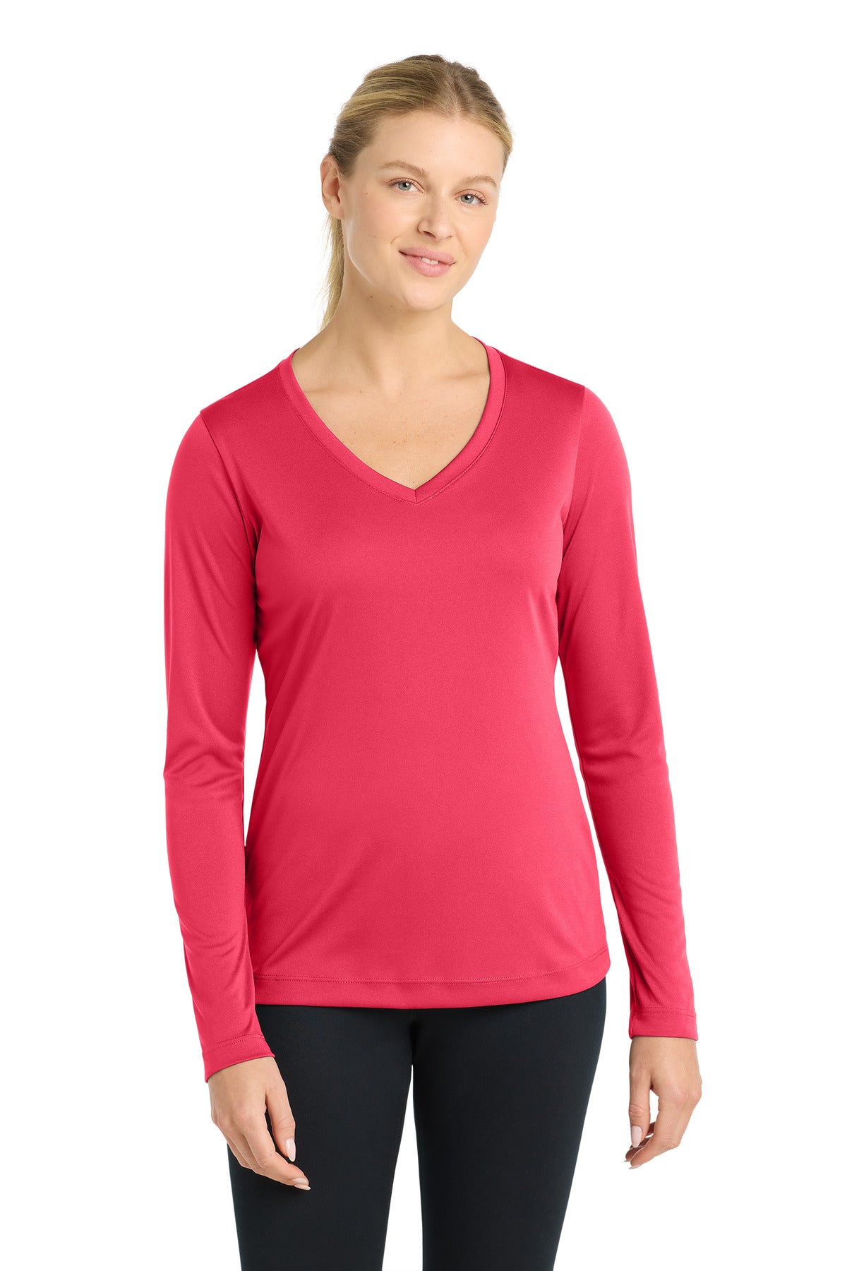 Sport-Tek Women's Long Sleeve PosiCharge Competitor V-Neck Tee. LST353LS in Hot Coral