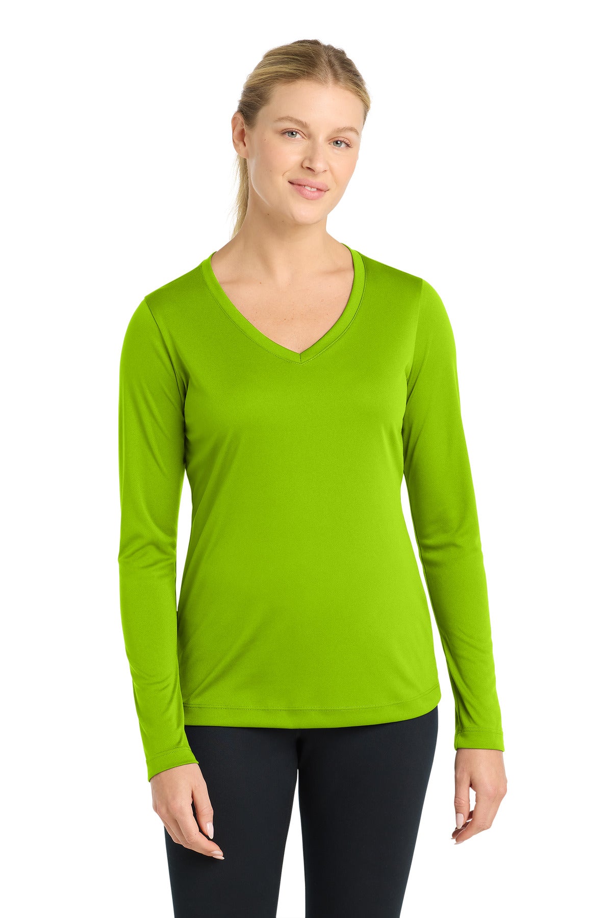 Sport-Tek Women's Long Sleeve PosiCharge Competitor V-Neck Tee. LST353LS in Lime Shock