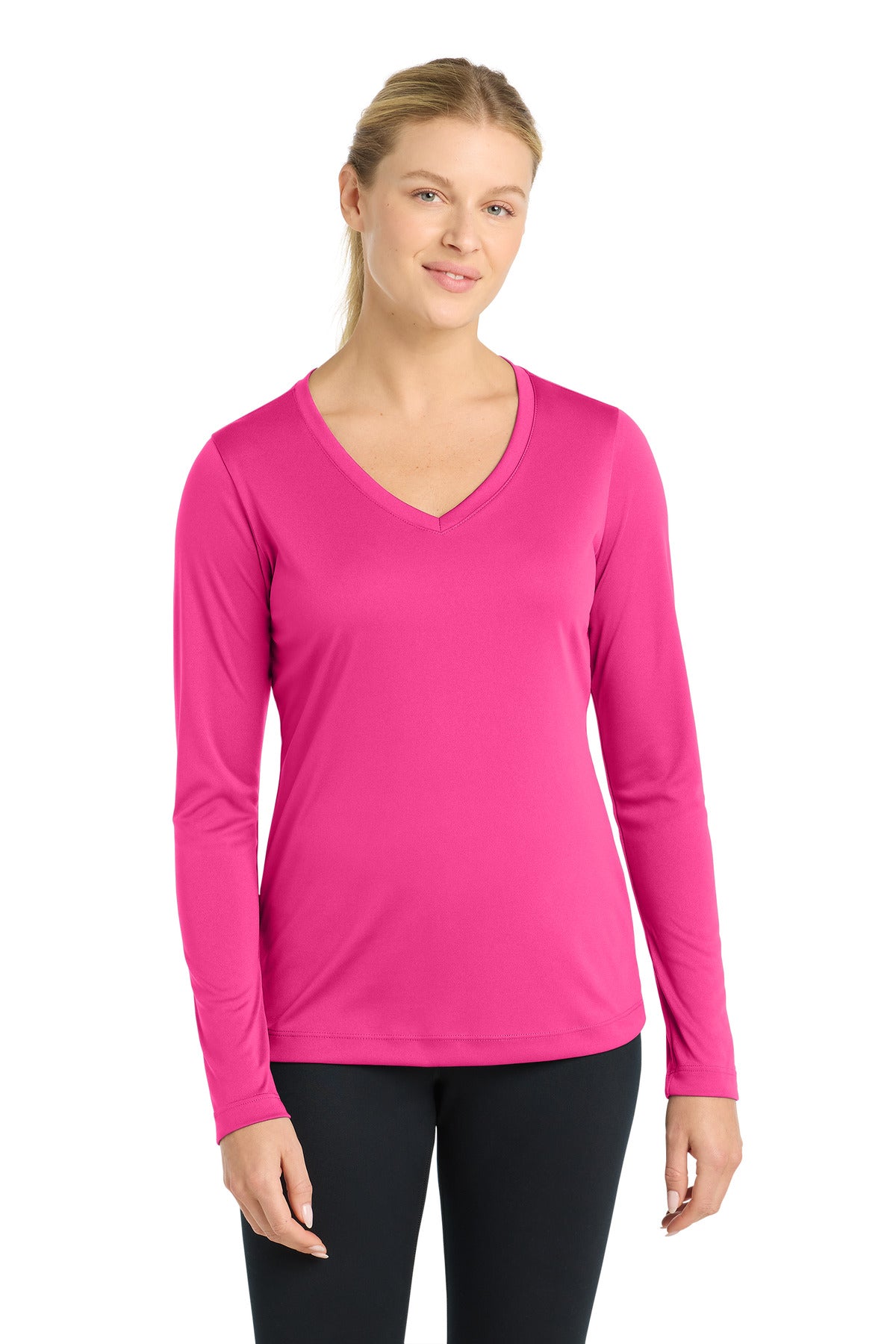 Sport-Tek Women's Long Sleeve PosiCharge Competitor V-Neck Tee. LST353LS in Neon Pink
