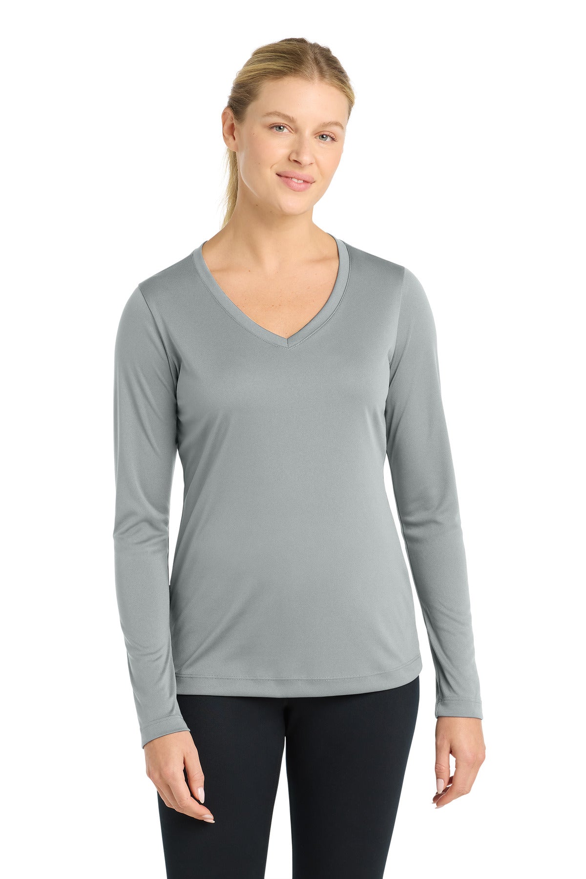 Sport-Tek Women's Long Sleeve PosiCharge Competitor V-Neck Tee. LST353LS in Silver