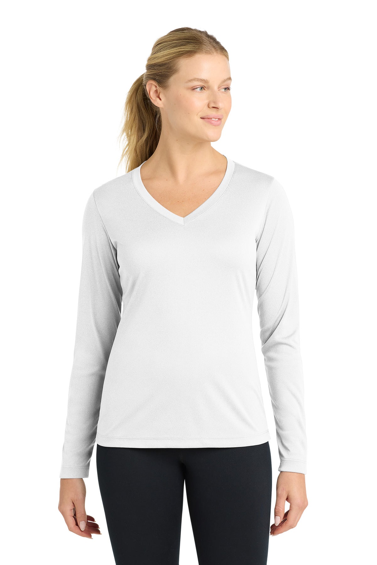 Sport-Tek Women's Long Sleeve PosiCharge Competitor V-Neck Tee. LST353LS in White