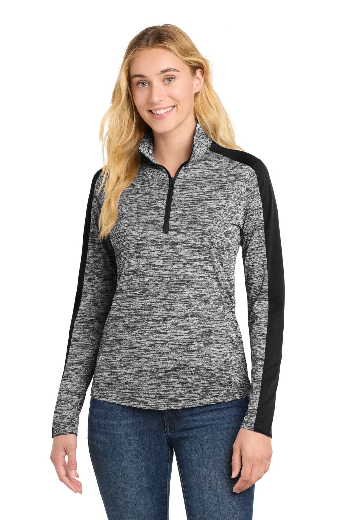 Sport-Tek Women's PosiCharge Electric Heather Colorblock 1/4-Zip Pullover. LST397 in Black Electric/ Black