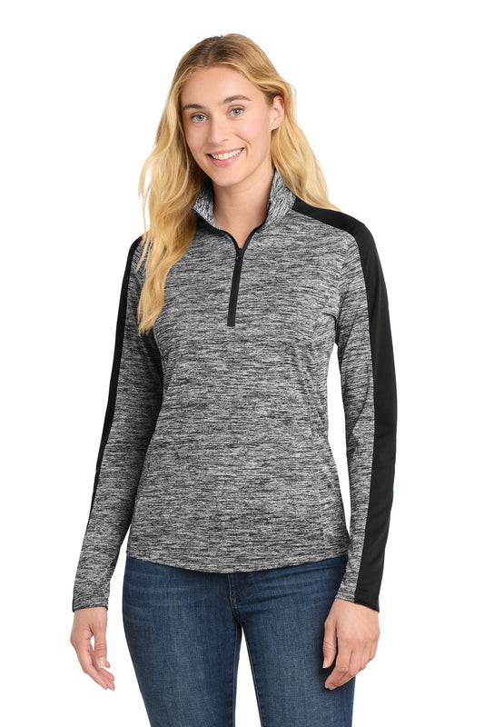 Sport-Tek Women's PosiCharge Electric Heather Colorblock 1/4-Zip Pullover. LST397 in Black Electric/ Black
