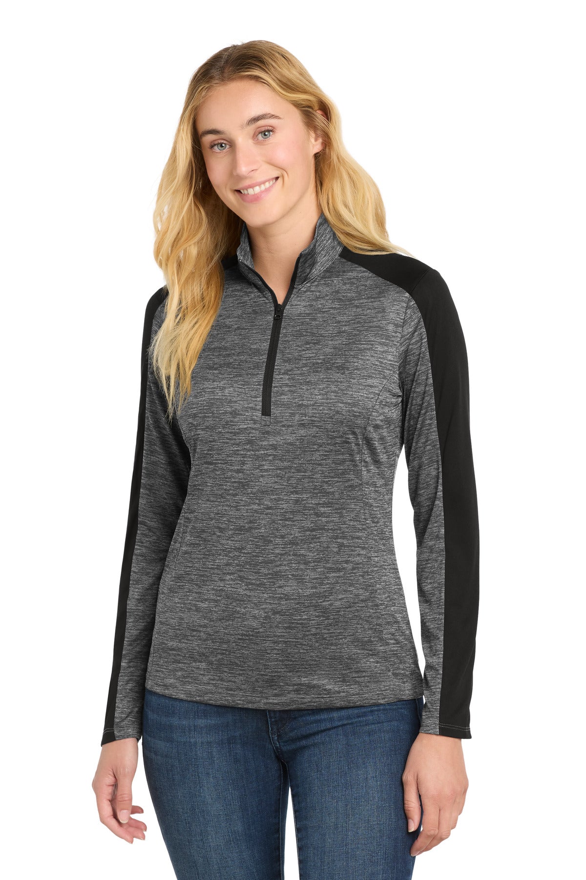 Sport-Tek Women's PosiCharge Electric Heather Colorblock 1/4-Zip Pullover. LST397 in Grey-Black Electric/ Black