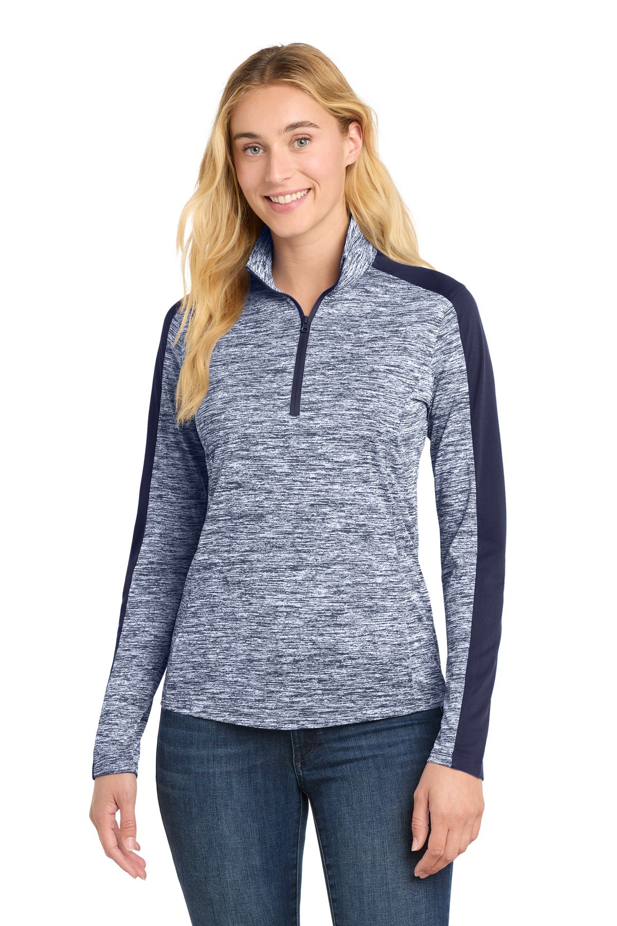Sport-Tek Women's PosiCharge Electric Heather Colorblock 1/4-Zip Pullover. LST397 in True Navy Electric/ True Navy