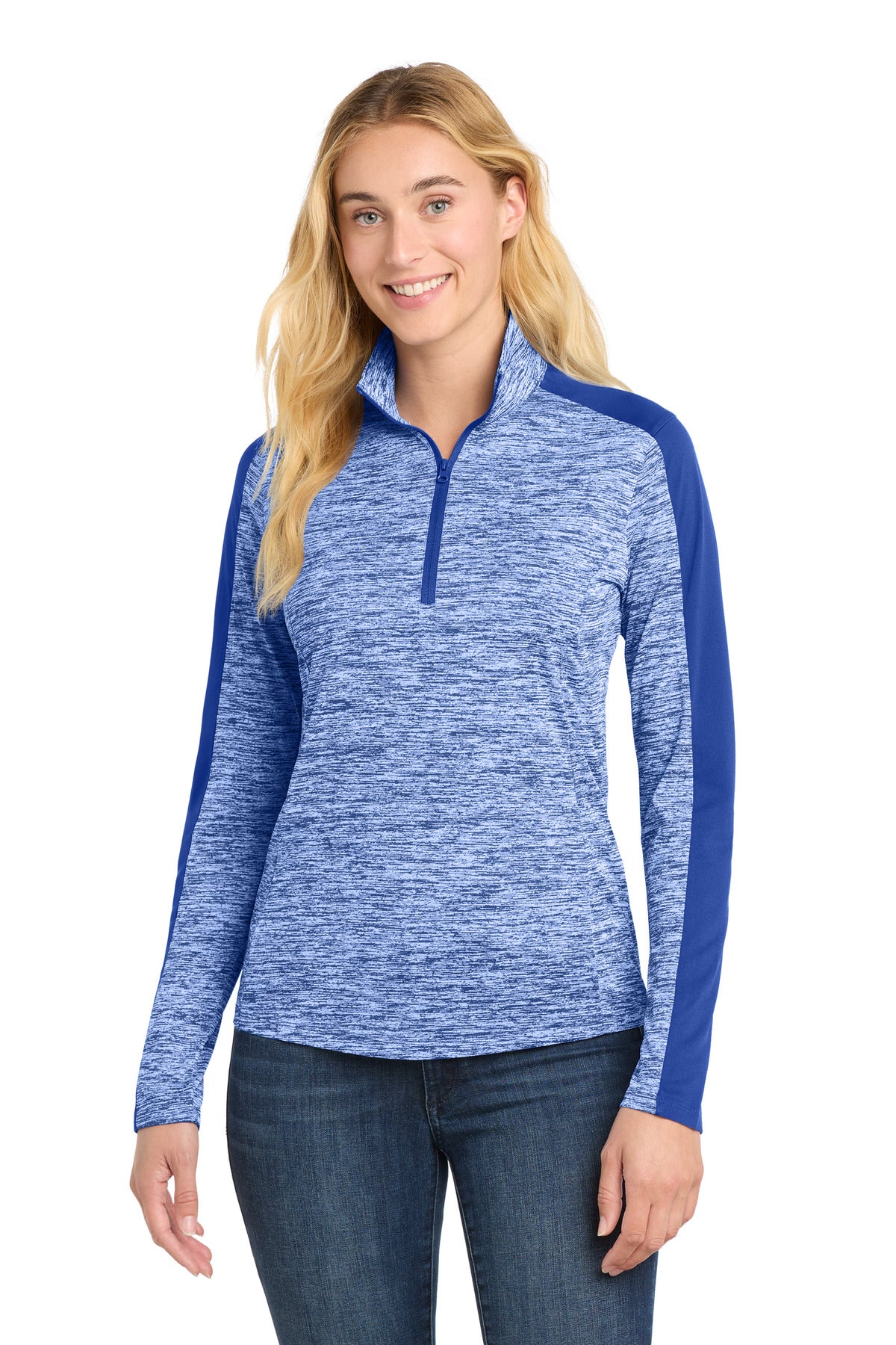 Sport-Tek Women's PosiCharge Electric Heather Colorblock 1/4-Zip Pullover. LST397 in True Royal Electric/ True Royal