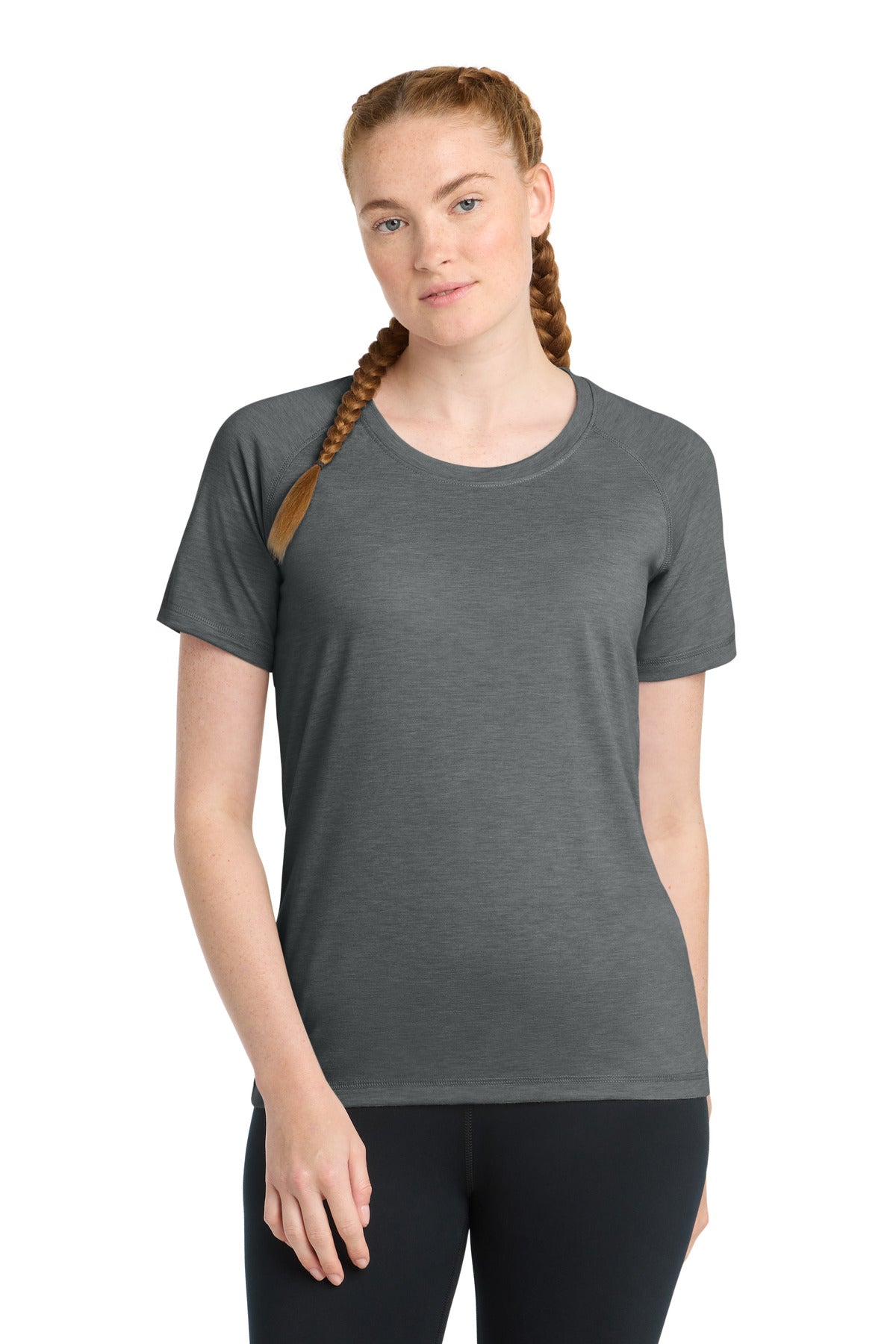 Sport-Tek  Women's PosiCharge  Tri-Blend Wicking Scoop Neck Raglan Tee. LST400 in Dark Grey Heather