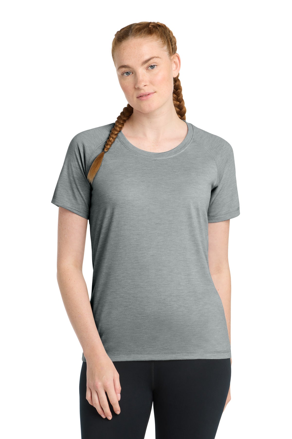 Sport-Tek  Women's PosiCharge  Tri-Blend Wicking Scoop Neck Raglan Tee. LST400 in Light Grey Heather
