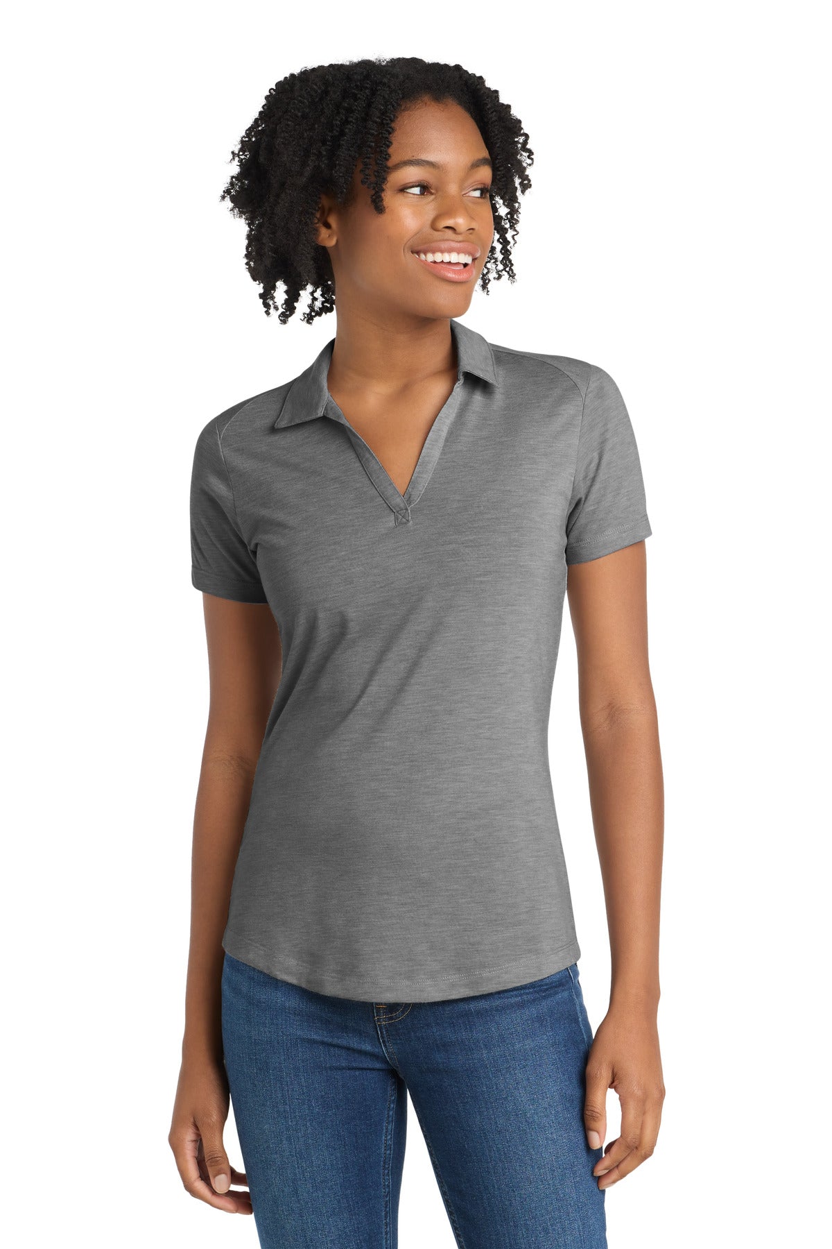 Sport-Tek  Women's PosiCharge  Tri-Blend Wicking Polo. LST405 in Dark Grey Heather