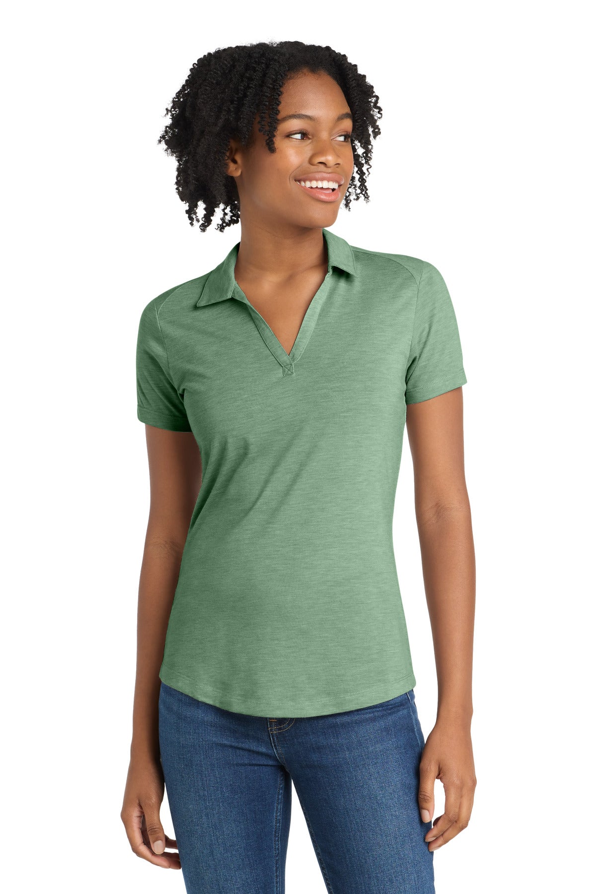 Sport-Tek  Women's PosiCharge  Tri-Blend Wicking Polo. LST405 in Forest Green Heather