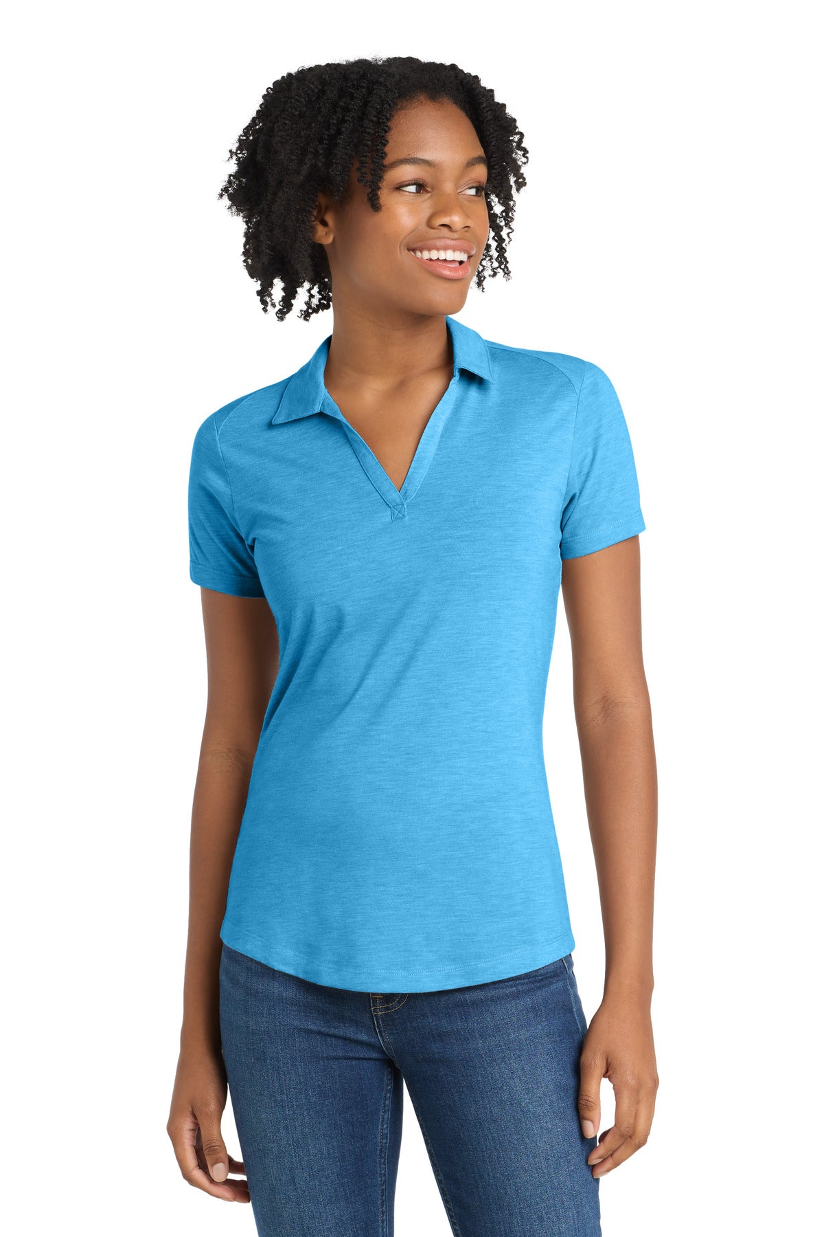 Sport-Tek  Women's PosiCharge  Tri-Blend Wicking Polo. LST405 in Pond Blue Heather