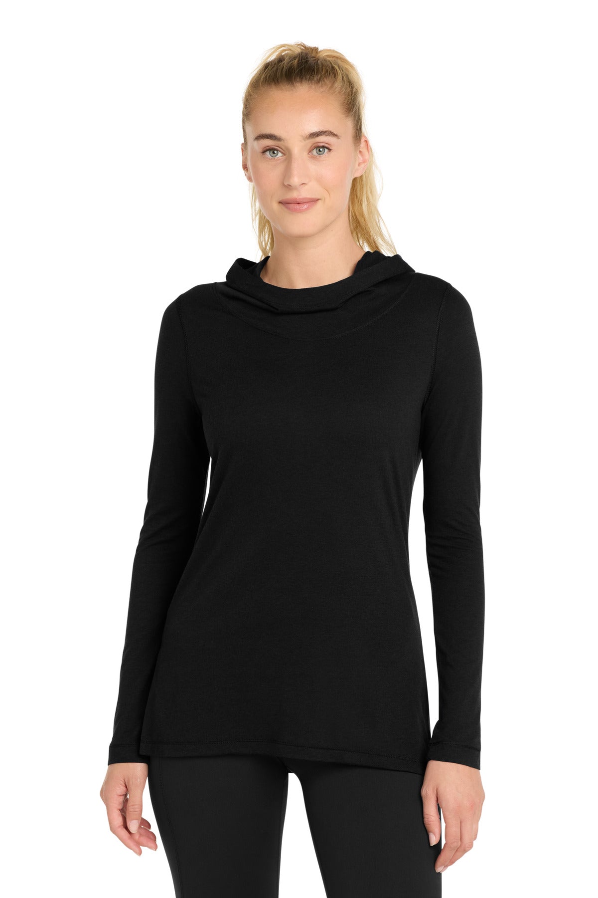 Sport-Tek Women's PosiCharge  Tri-Blend Wicking Long Sleeve Hoodie LST406 in Black Triad Solid