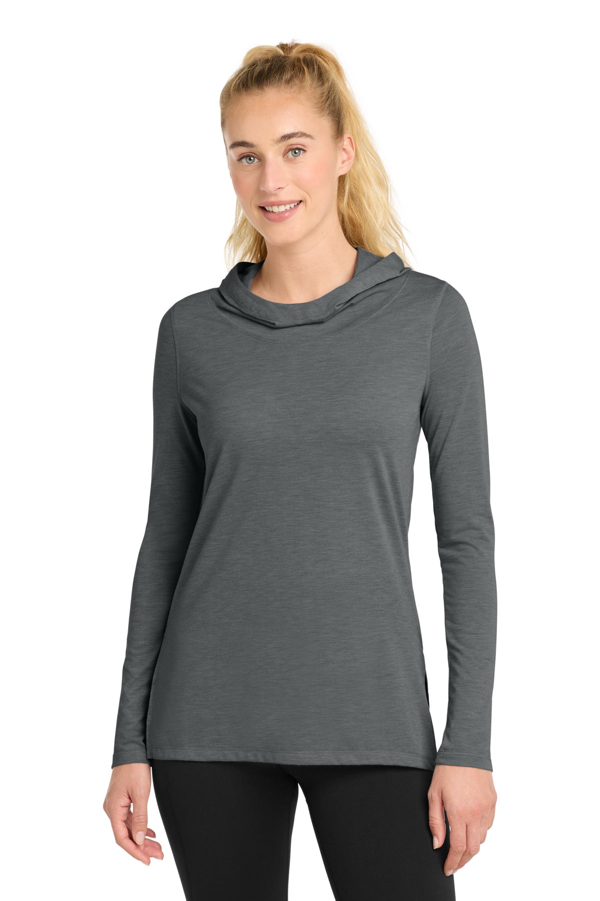 Sport-Tek Women's PosiCharge  Tri-Blend Wicking Long Sleeve Hoodie LST406 in Dark Grey Heather