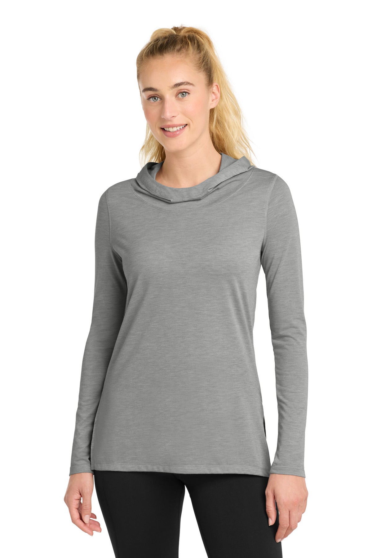 Sport-Tek Women's PosiCharge  Tri-Blend Wicking Long Sleeve Hoodie LST406 in Light Grey Heather