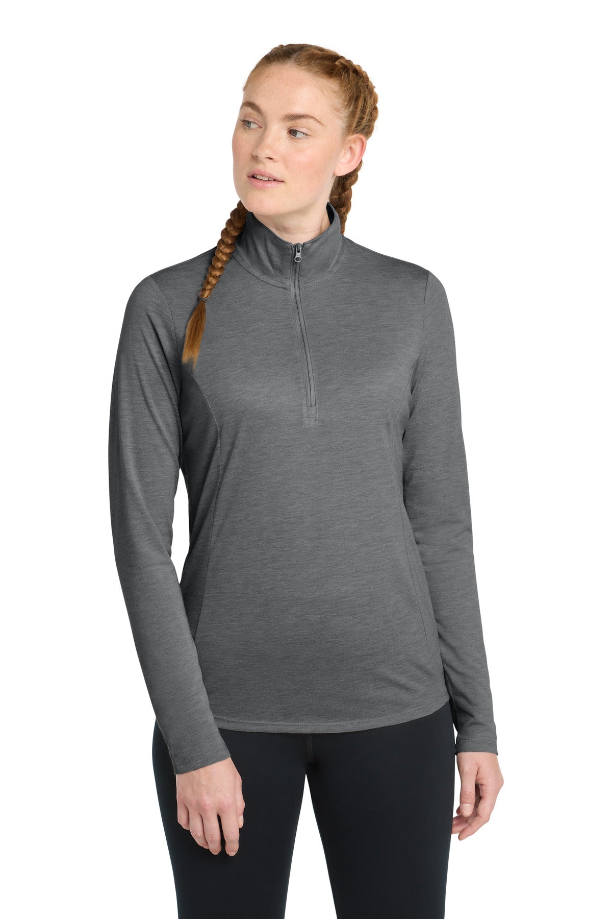 Sport-Tek  Women's PosiCharge  Tri-Blend Wicking 1/4-Zip Pullover. LST407 in Dark Grey Heather