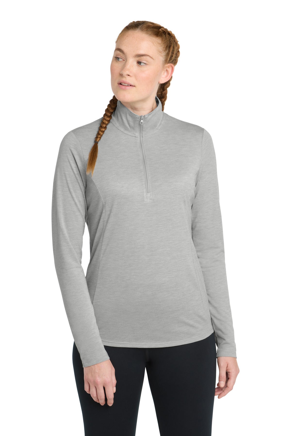 Sport-Tek  Women's PosiCharge  Tri-Blend Wicking 1/4-Zip Pullover. LST407 in Light Grey Heather
