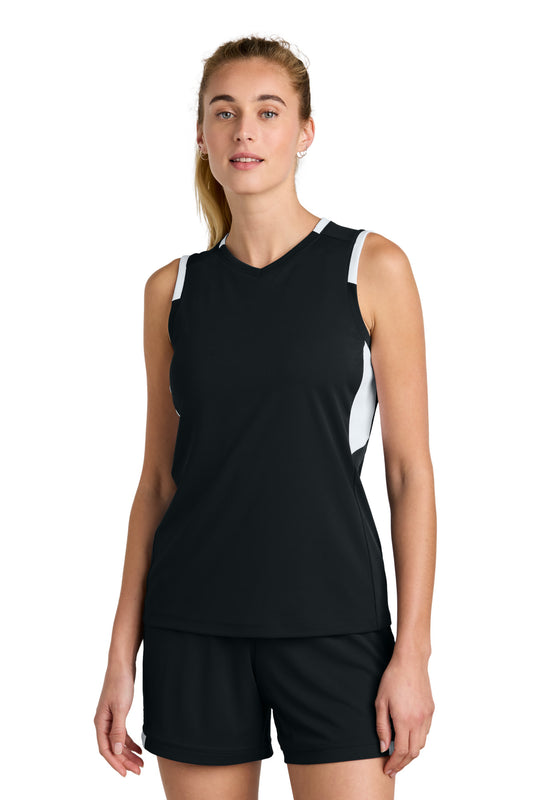 Sport-Tek Women's Club Sleeveless V-Neck LST441 in Black/ White