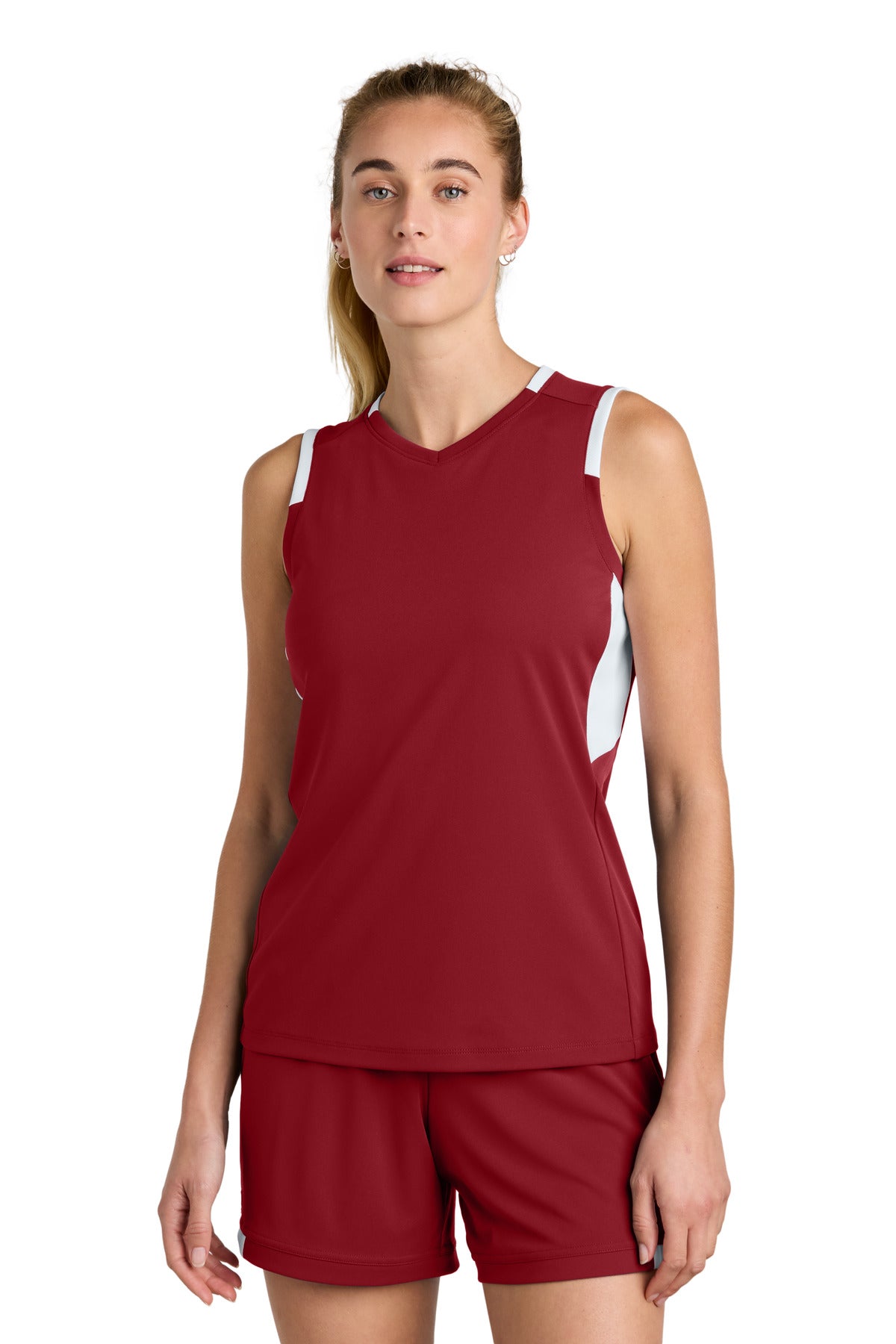 Sport-Tek Women's Club Sleeveless V-Neck LST441 in Deep Red/ White