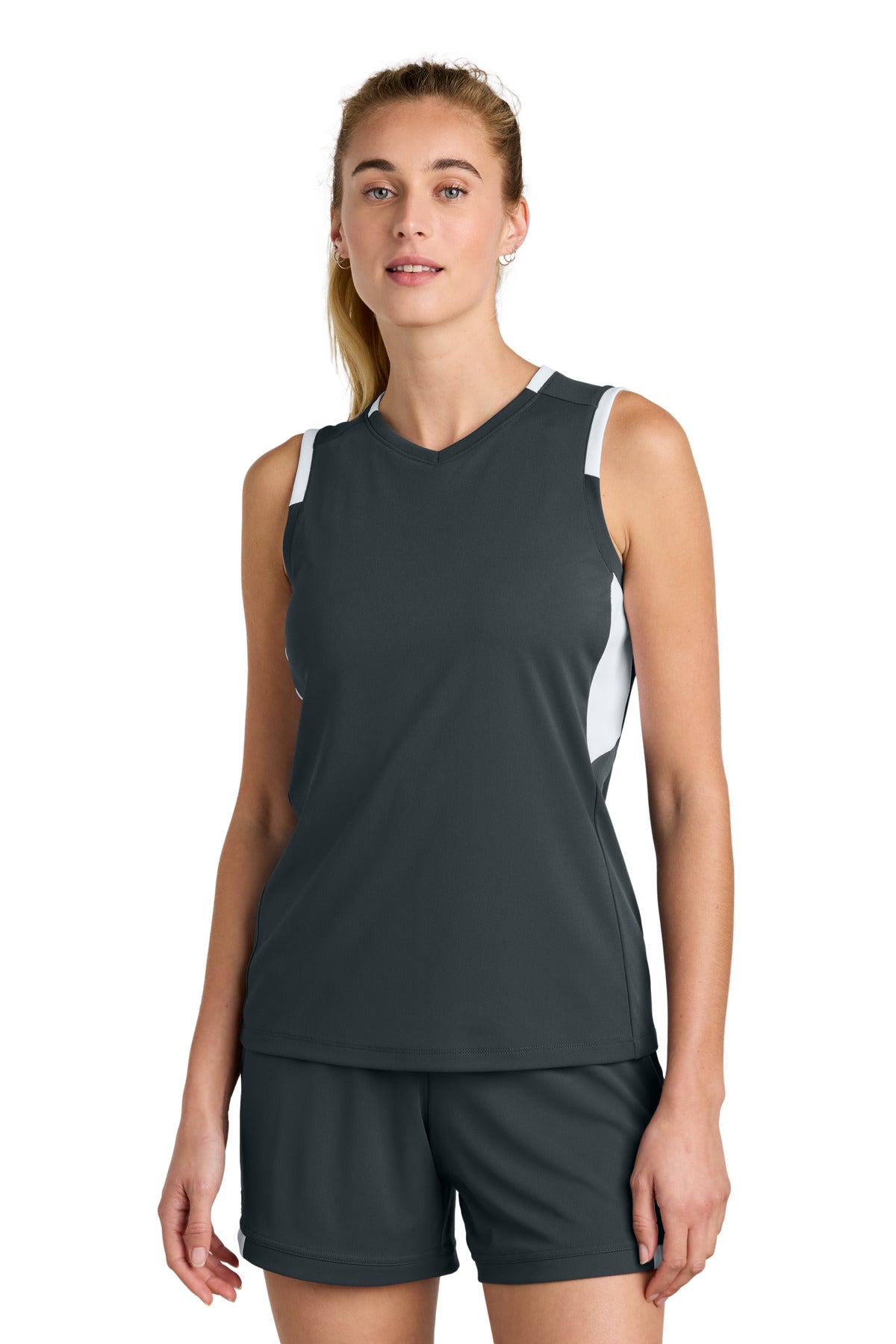 Sport-Tek Women's Club Sleeveless V-Neck LST441 in Iron Grey/ White