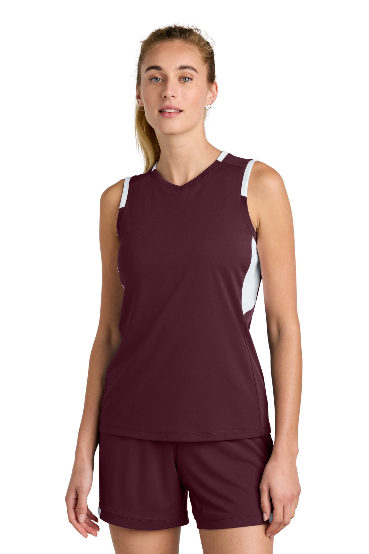 Sport-Tek Women's Club Sleeveless V-Neck LST441 in Maroon/ White