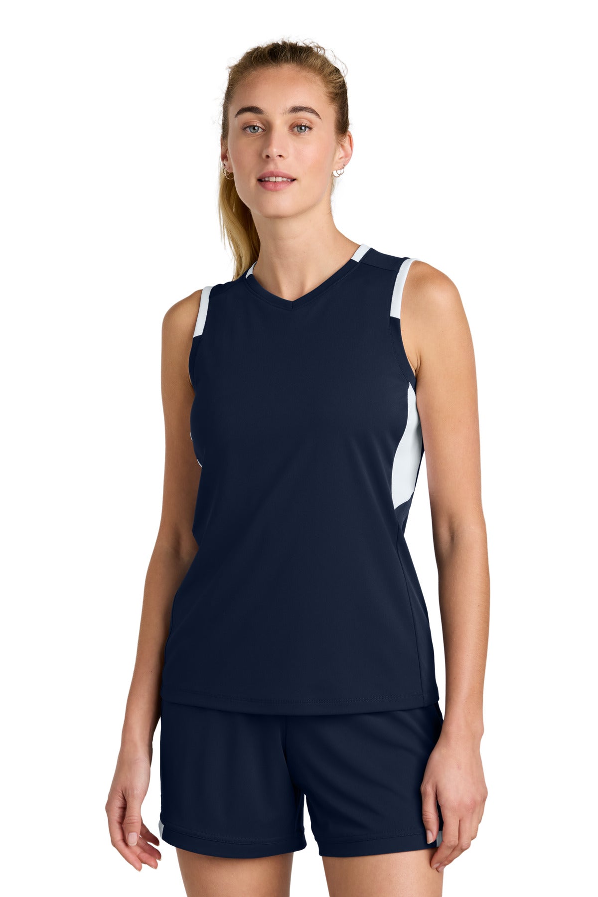 Sport-Tek Women's Club Sleeveless V-Neck LST441 in True Navy/ White