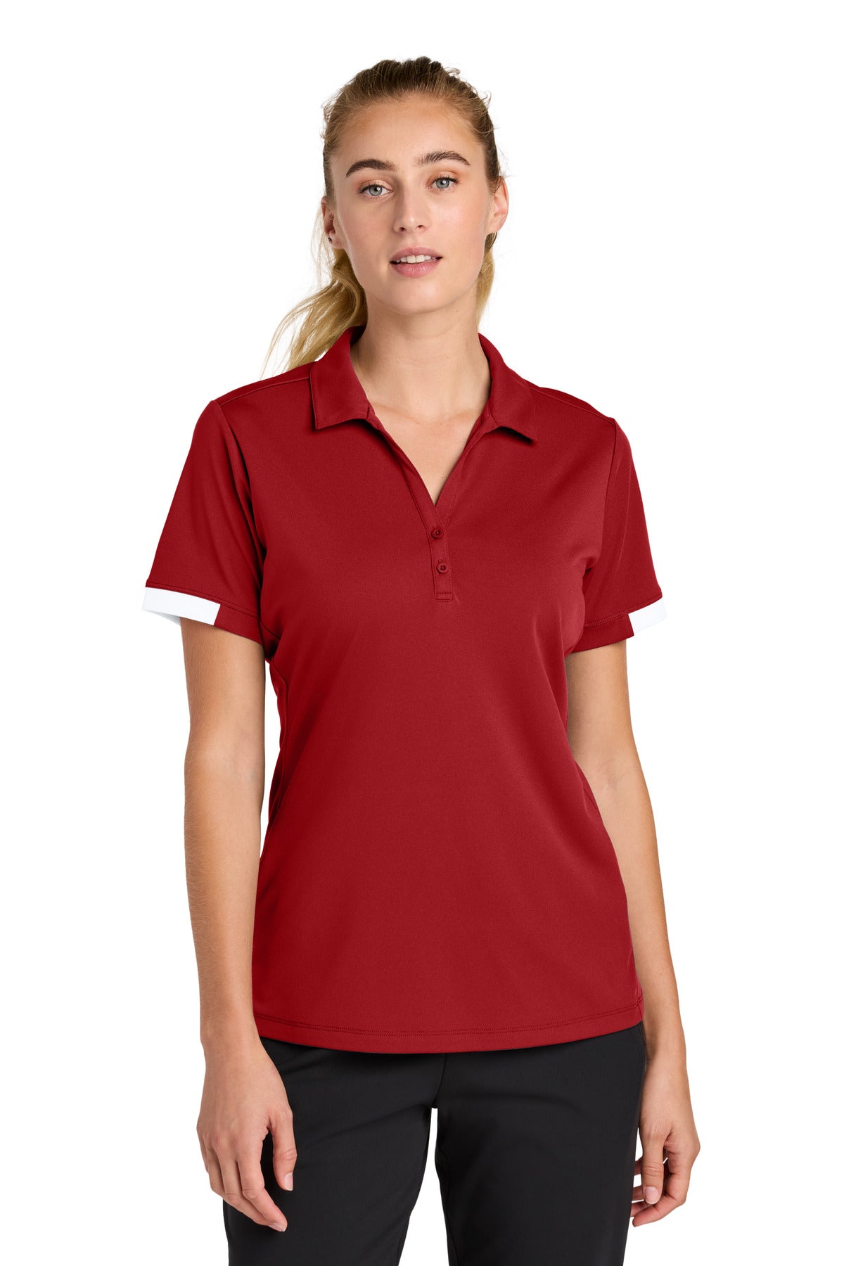 Sport-Tek Women's Club Colorblock Polo LST444 in Deep Red/ White