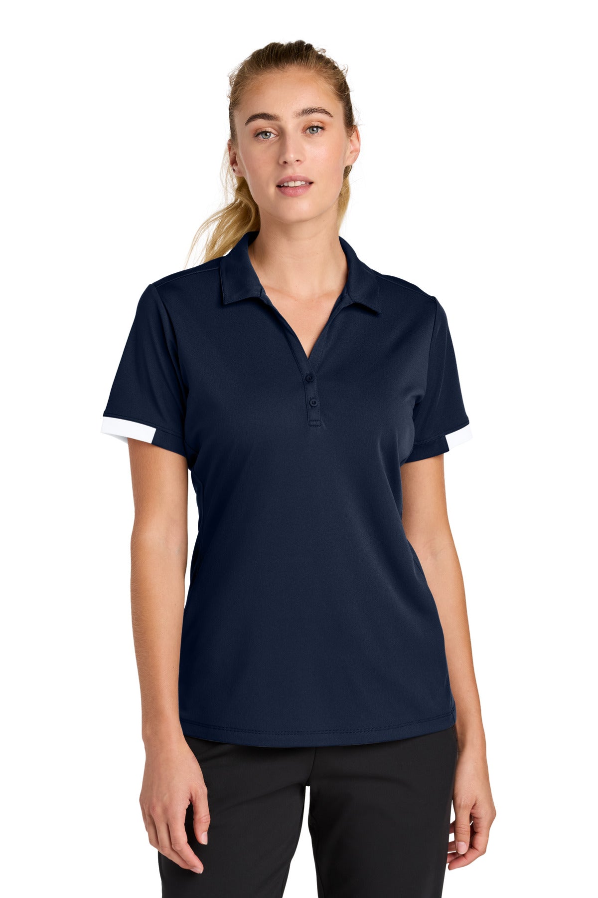 Sport-Tek Women's Club Colorblock Polo LST444 in True Navy/ White