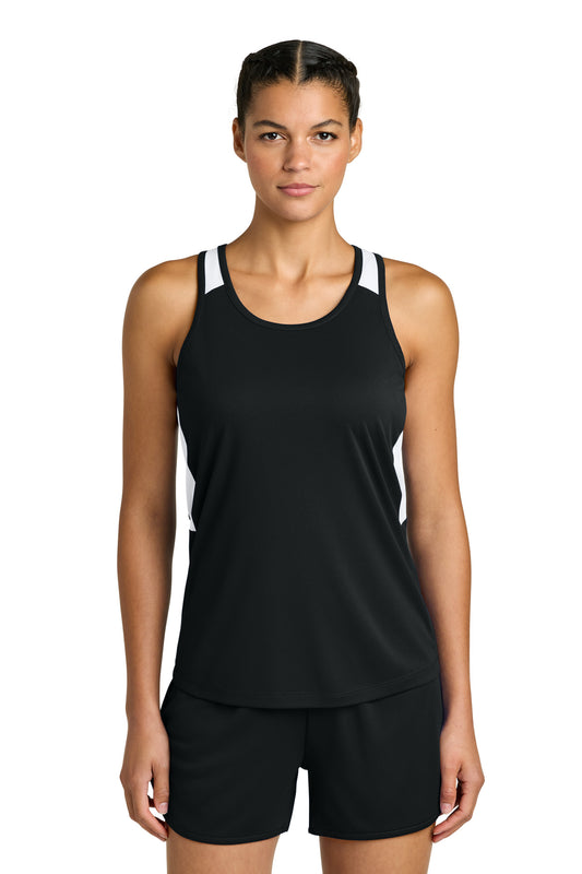 Sport-Tek Women's Club Track Tank LST446 in Black/ White